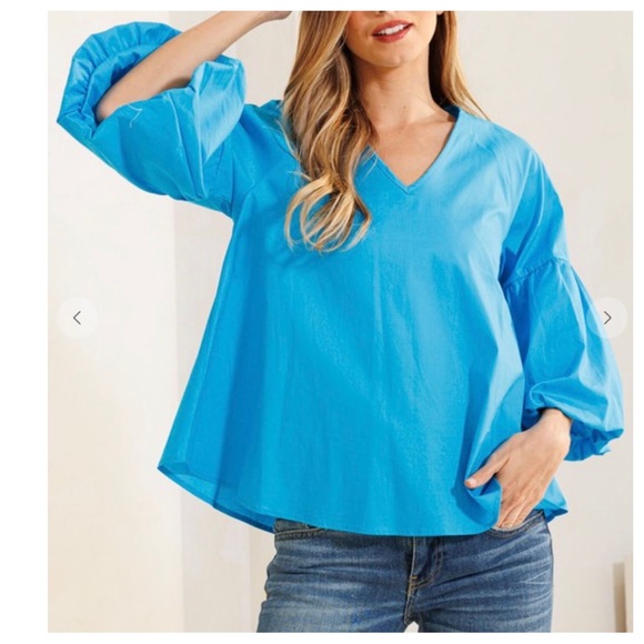 Boho Balloon Sleeve Baby Doll V-neck Solid Top - Picture 5 of 6